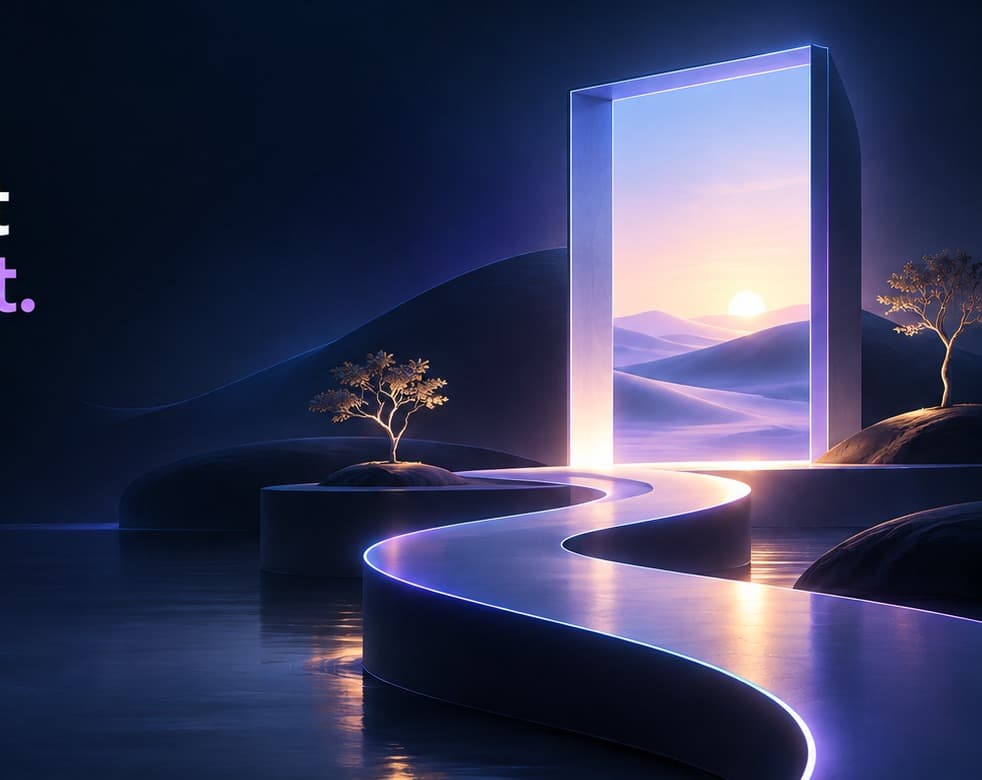 A luminous path leading toward a glowing portal, representing ideas moving toward a new product