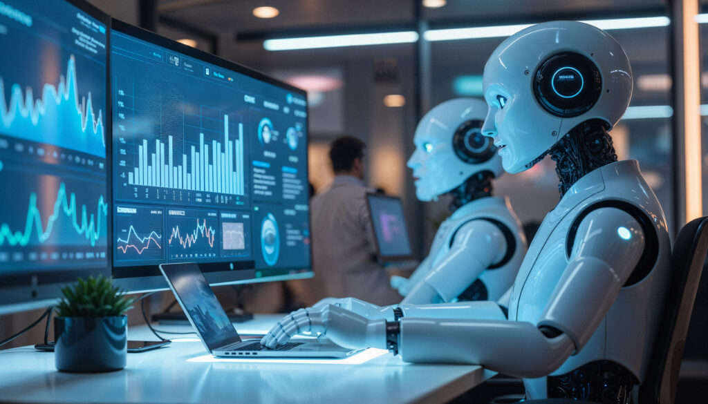 Home robots analyzing data computer screens
